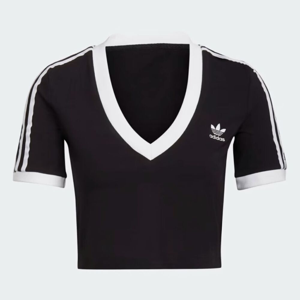 Brand New Adidas Originals 3 stripe V-Neck Cropped T-Shirt in Black Size 2XS - Picture 2 of 6
